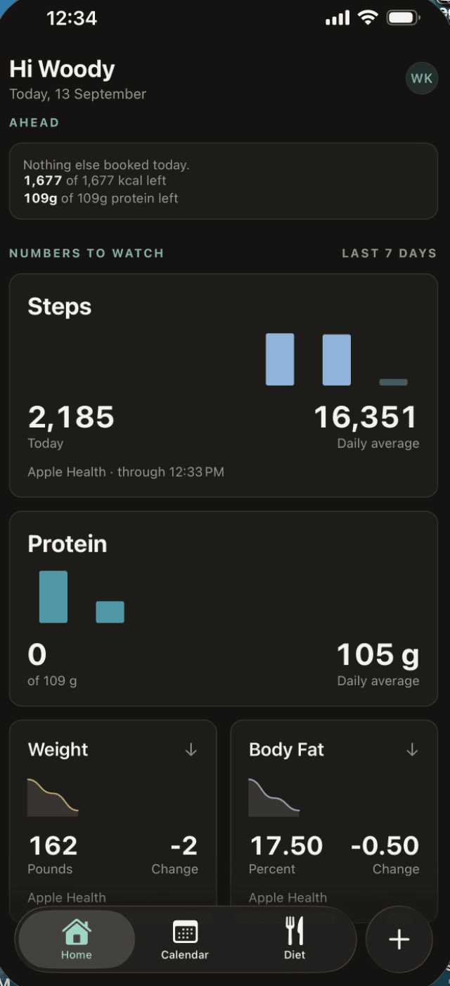 Midnight Health dashboard showing calendar context, steps, protein, weight, and body-fat summaries from Apple Health.