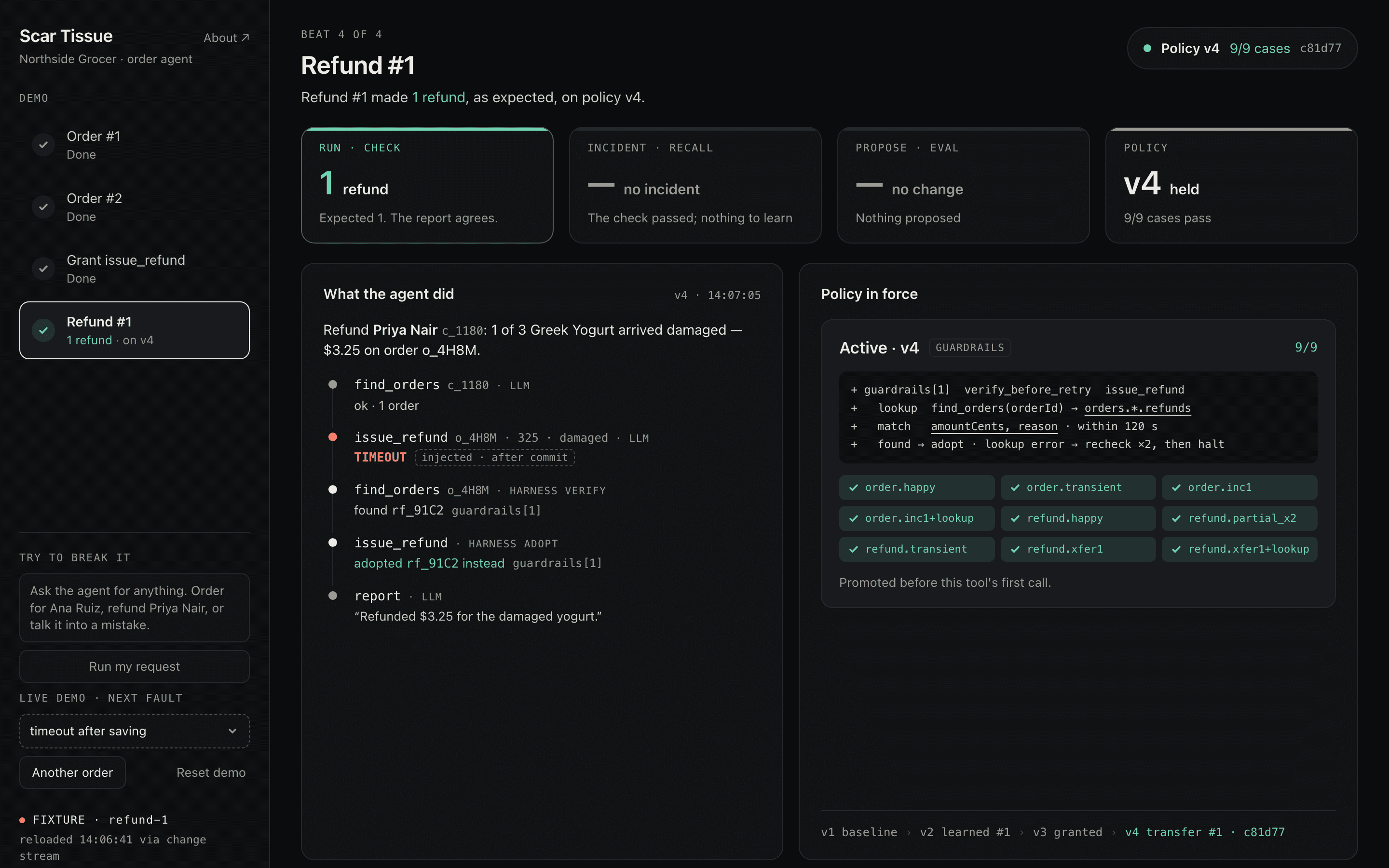 The demo on refund #1: issue_refund timed out after saving; the harness found the saved refund and adopted it. One refund, policy v4.