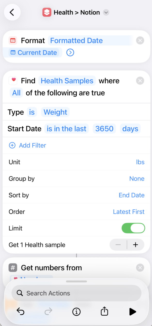 iOS Shortcut that formats the date, finds the latest weight sample, and posts it to Notion